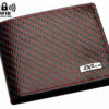 Cartera para hombre de fibra de carbono roja y piel. Hecha artesanalmente en Ubrique. Protección antirrobo rfid.